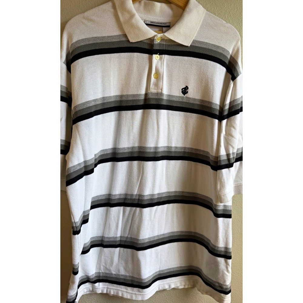 Rocawear Authentic Men's Polo Shirt XL White Gray Black Striped Cotton Logo